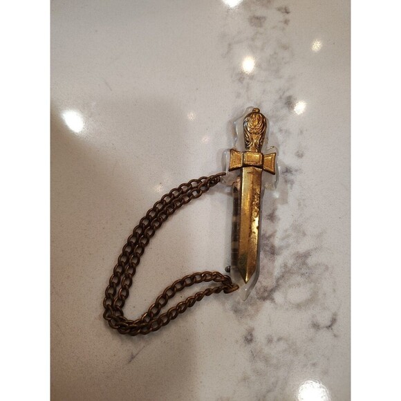 Vintage Intricate Bakelite Gold toned  Sword Pin Brooch with Dangle link chain - Picture 1 of 11